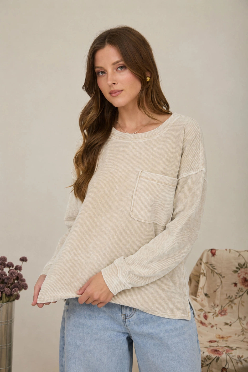 Title: Washed Pocket Long-Sleeve Ribbed Knit Top in Khaki