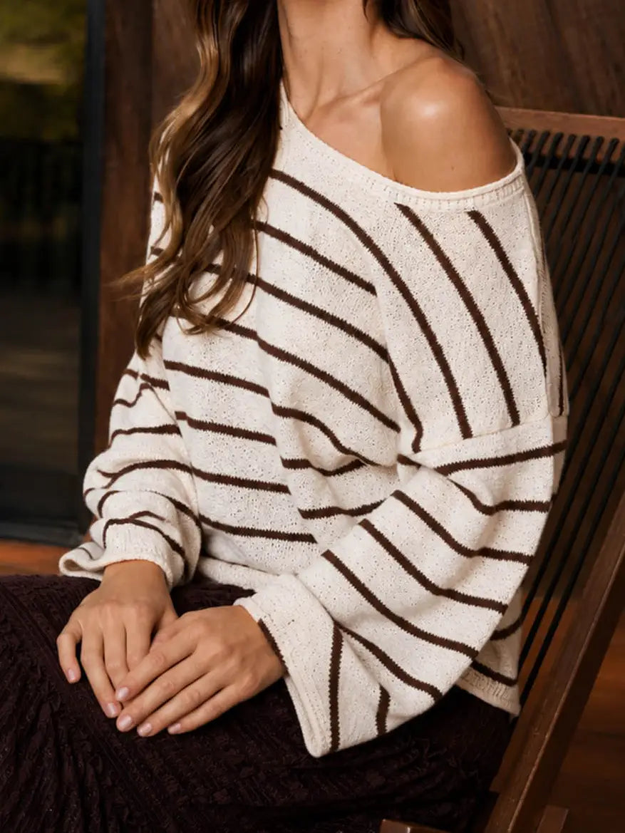 Casual Cream & Brown Textured Striped Slouchy Pullover Sweater