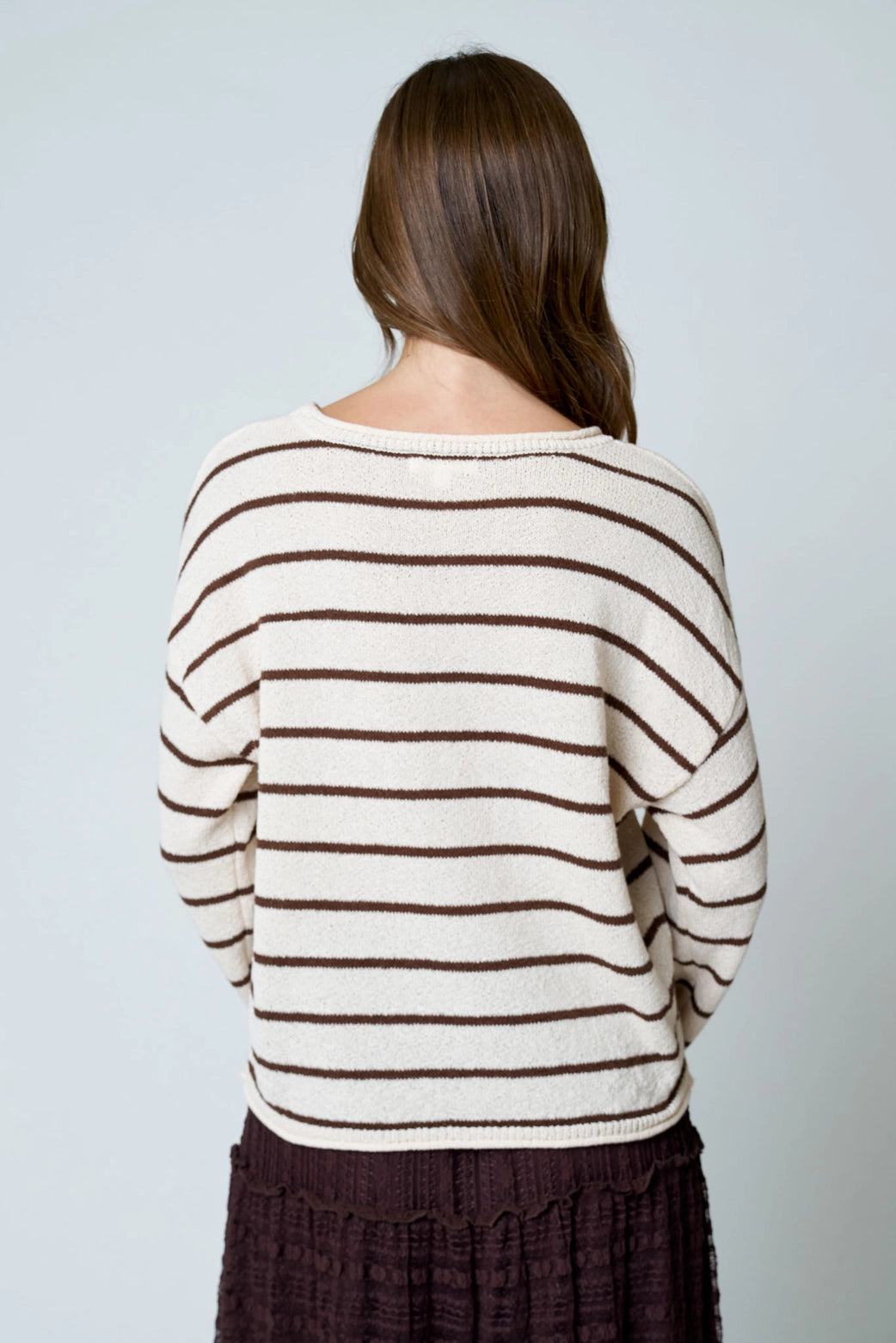 Casual Cream & Brown Textured Striped Slouchy Pullover Sweater