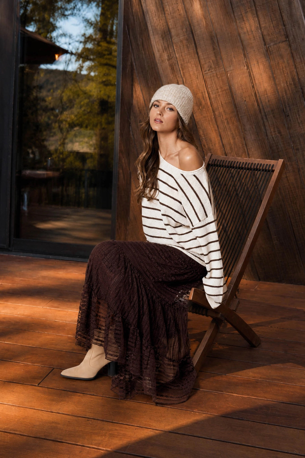 Casual Cream & Brown Textured Striped Slouchy Pullover Sweater