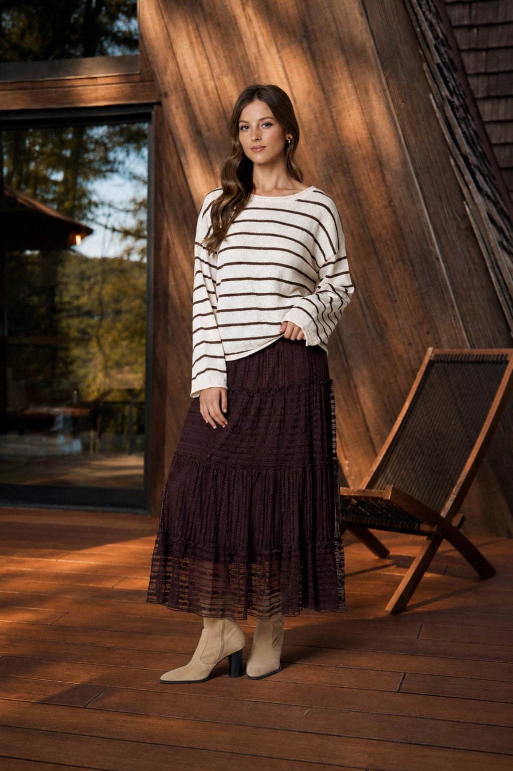 Casual Cream & Brown Textured Striped Slouchy Pullover Sweater