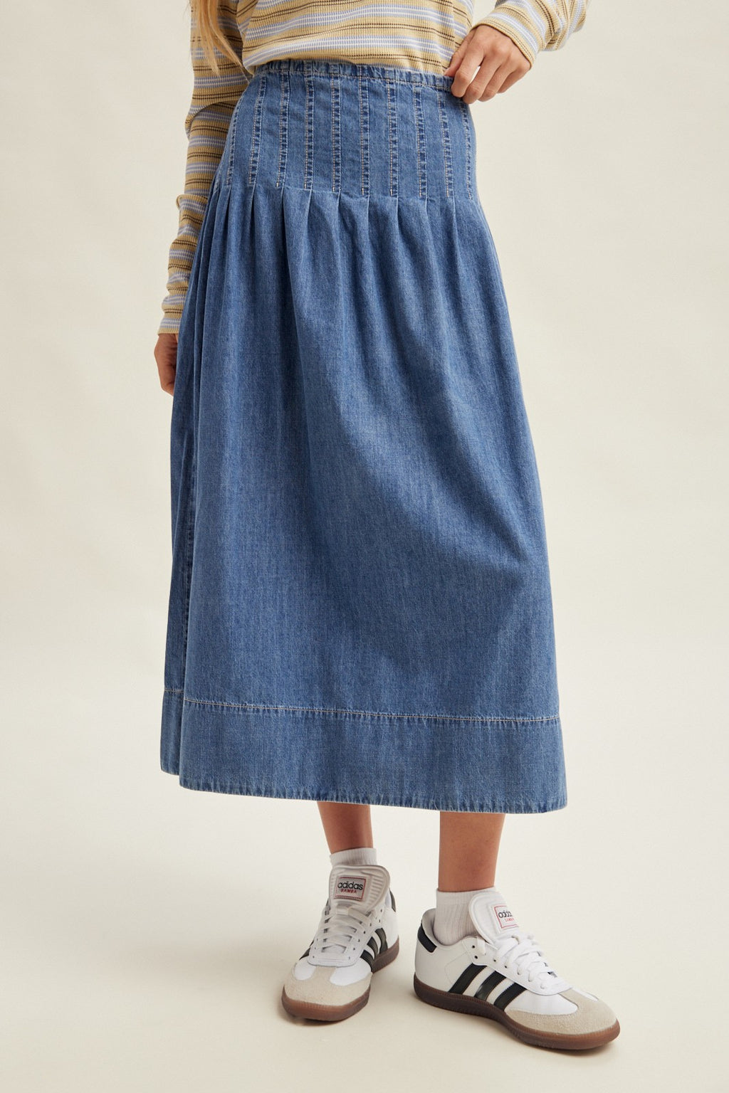 Pintuck Pleated Denim Midi Skirt with Smocked Waist/ Denim Blue Color