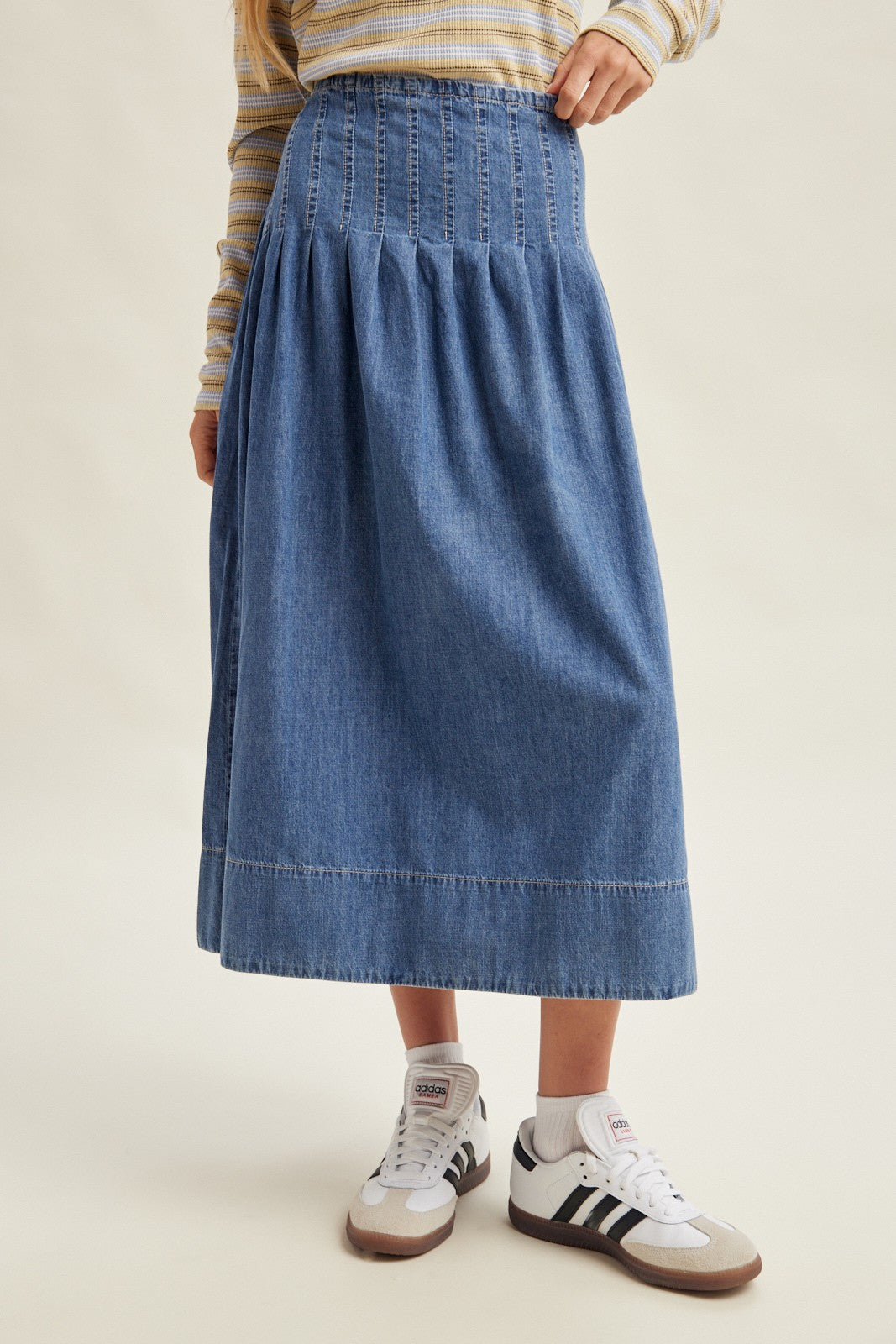 Pintuck Pleated Denim Midi Skirt with Smocked Waist/ Denim Blue Color