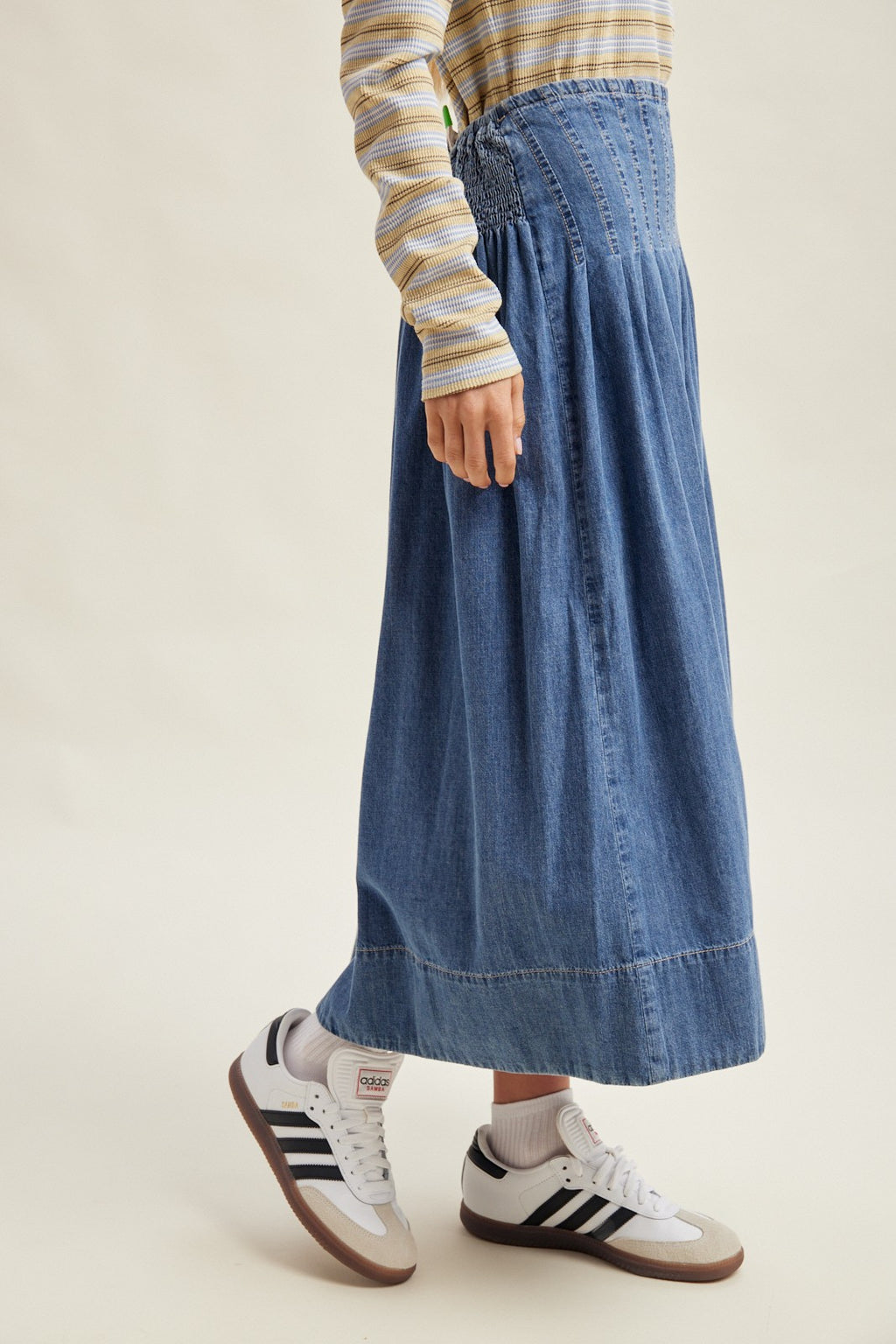 Pintuck Pleated Denim Midi Skirt with Smocked Waist/ Denim Blue Color