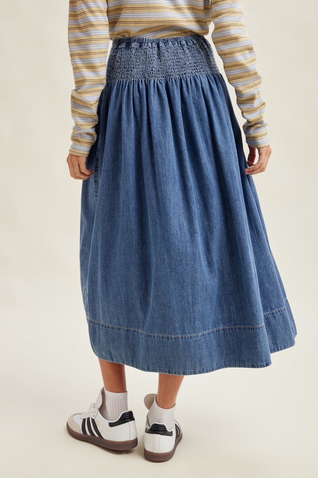 Pintuck Pleated Denim Midi Skirt with Smocked Waist/ Denim Blue Color