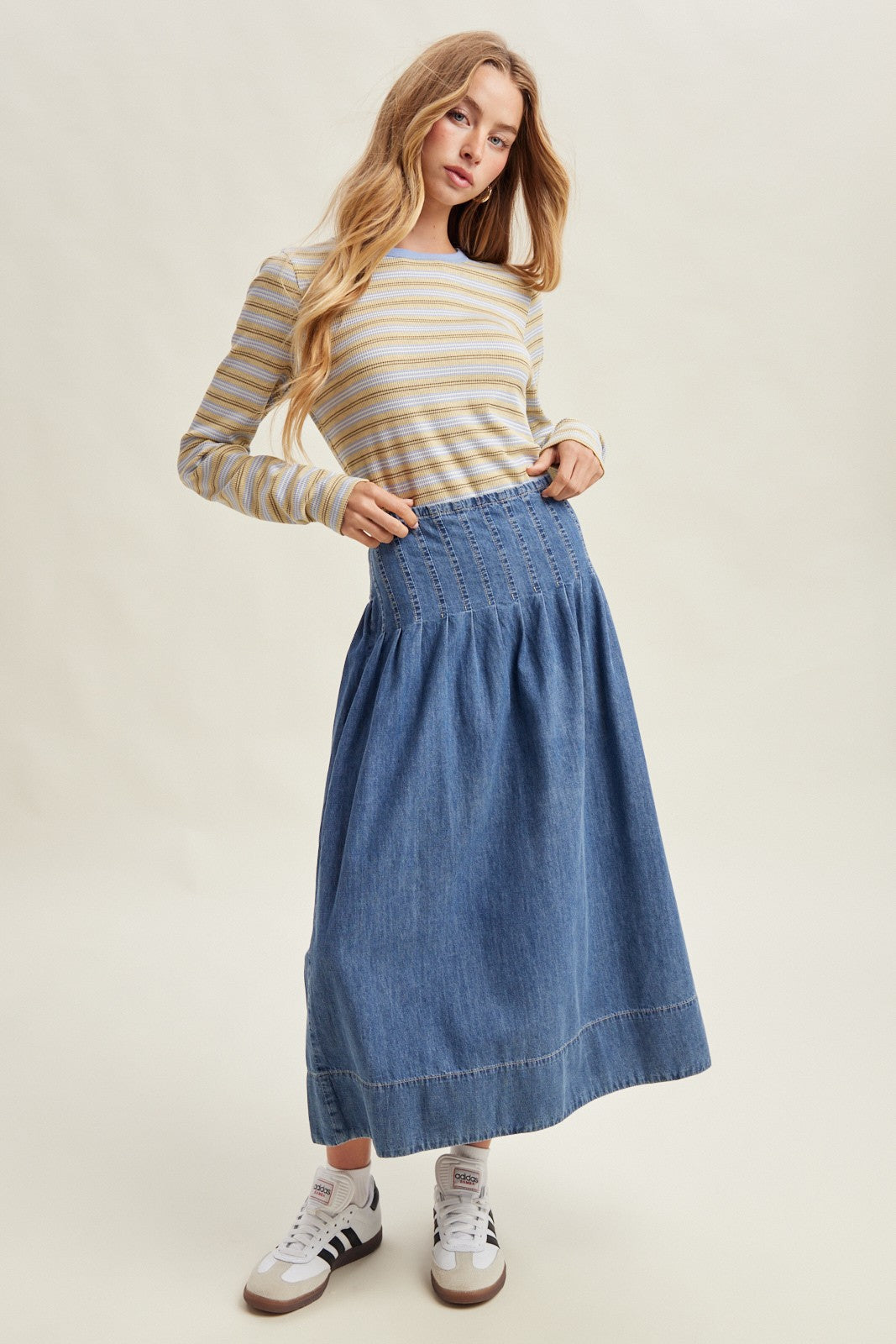 Pintuck Pleated Denim Midi Skirt with Smocked Waist/ Denim Blue Color