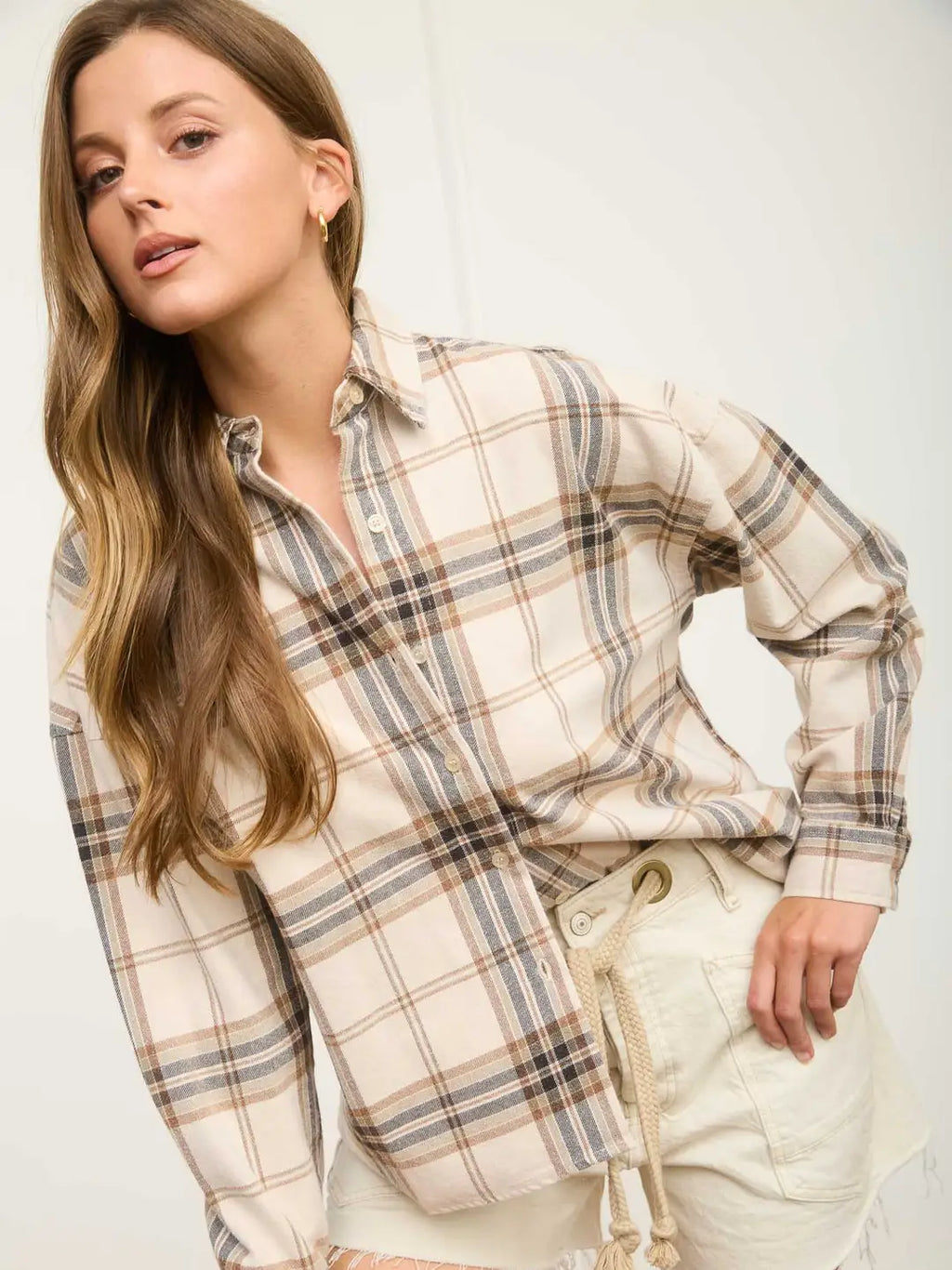 Neutral Plaid Drop-Shoulder Button-Down Shirt in Khaki Multi Color