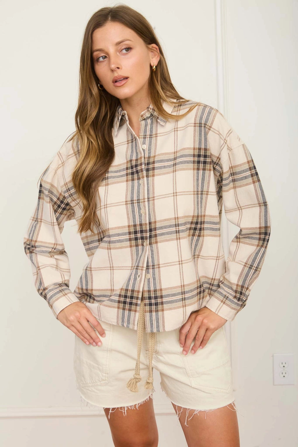 Neutral Plaid Drop-Shoulder Button-Down Shirt in Khaki Multi Color