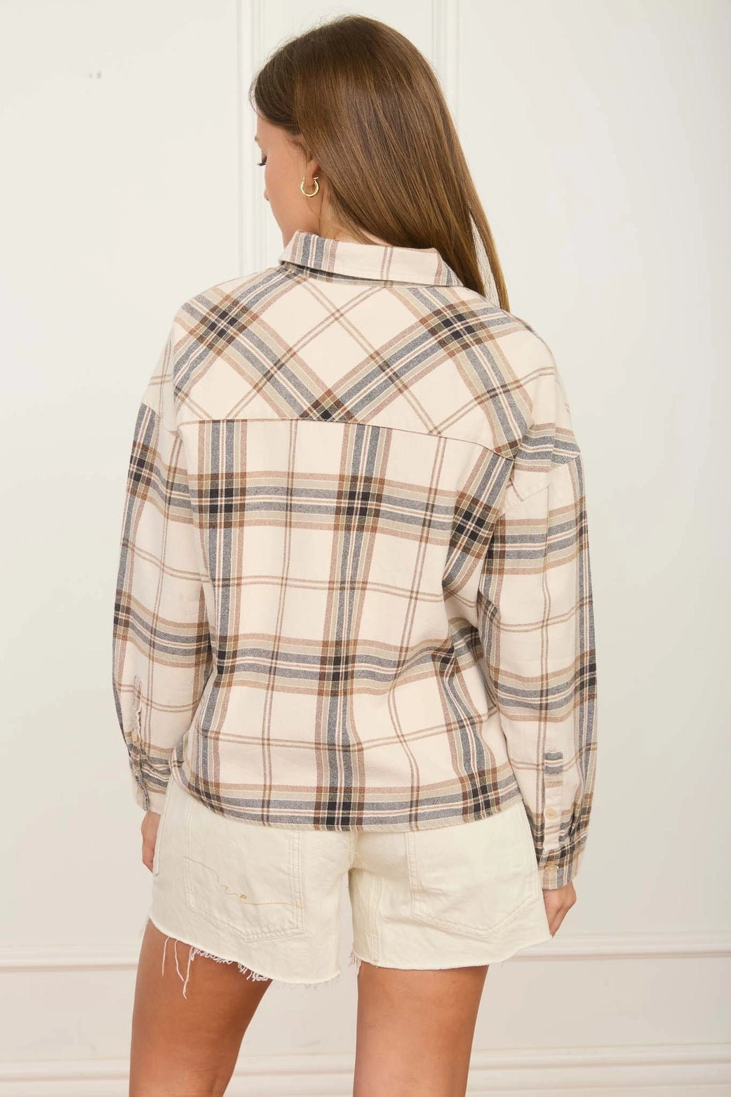 Neutral Plaid Drop-Shoulder Button-Down Shirt in Khaki Multi Color