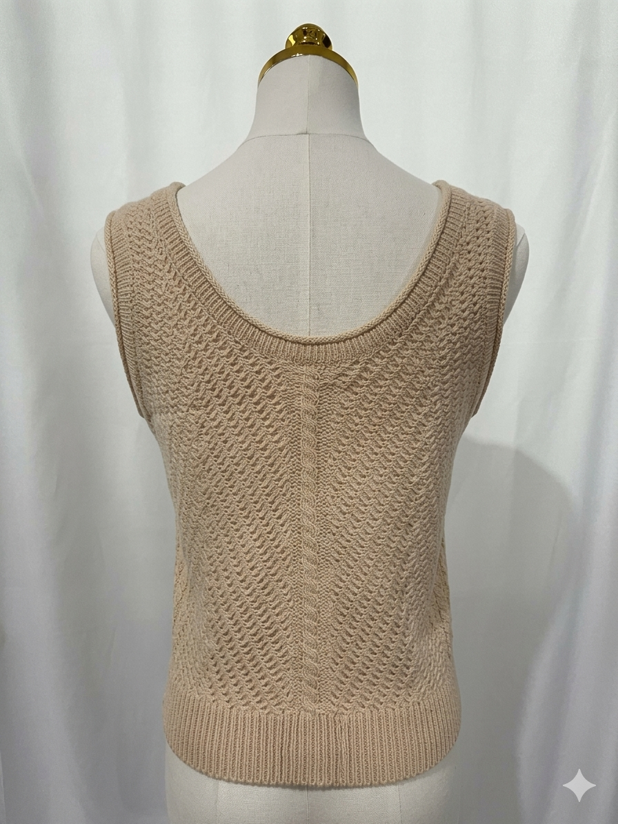 Scalloped Trim Crochet Knit Buttoned Halter Vest Top/ Nutural Color