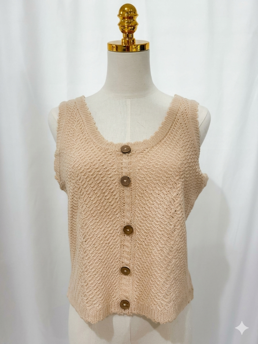 Scalloped Trim Crochet Knit Buttoned Halter Vest Top/ Nutural Color