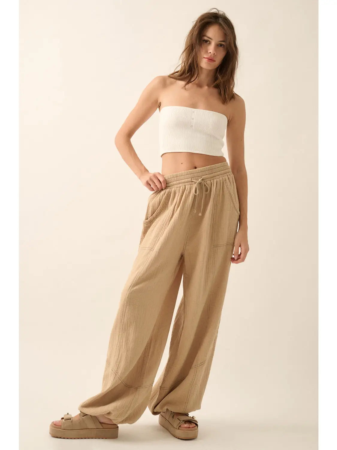 Super Stretchy Waist Cotton Gauze Wide-Leg Pants/ Sand Color