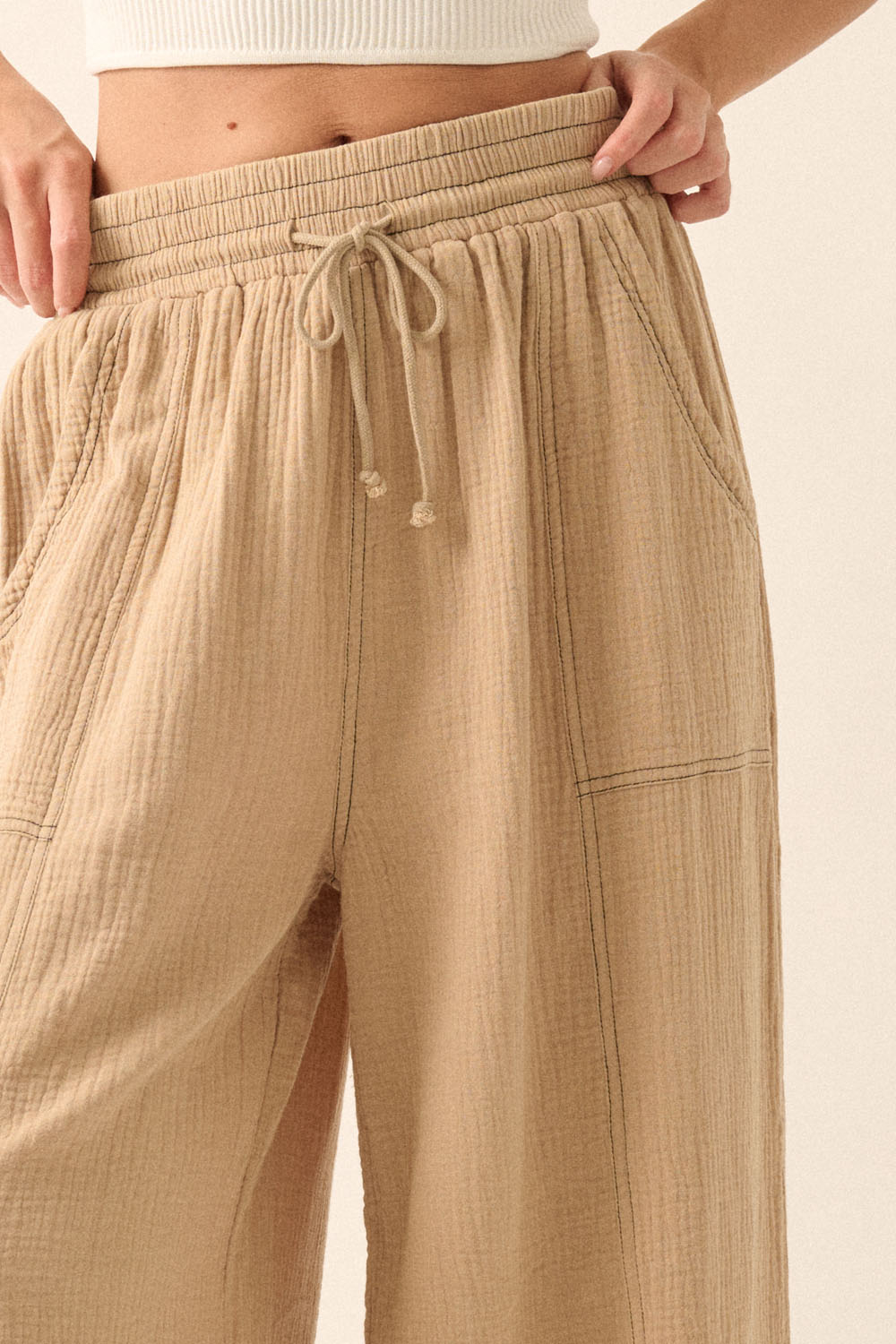 Super Stretchy Waist Cotton Gauze Wide-Leg Pants/ Sand Color