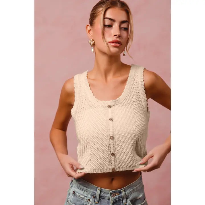 Scalloped Trim Crochet Knit Buttoned Halter Vest Top/ Nutural Color