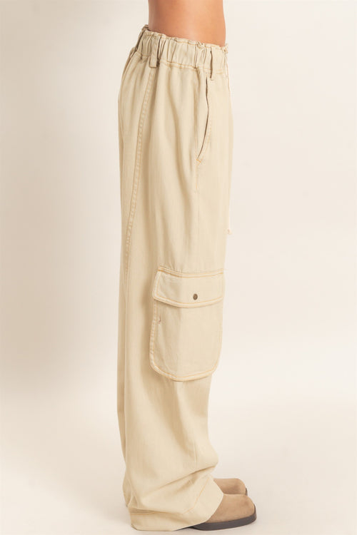 Back to Canvas Oversized Wide-Leg Drawstring Denim Cargo Pants/Beige