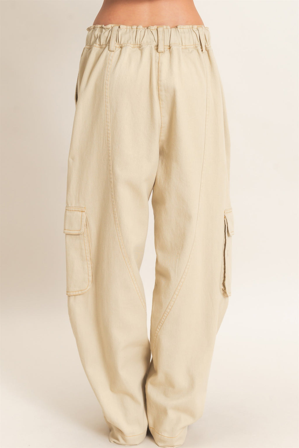 Oversized Wide-Leg Drawstring Denim Cargo Pants/Beige