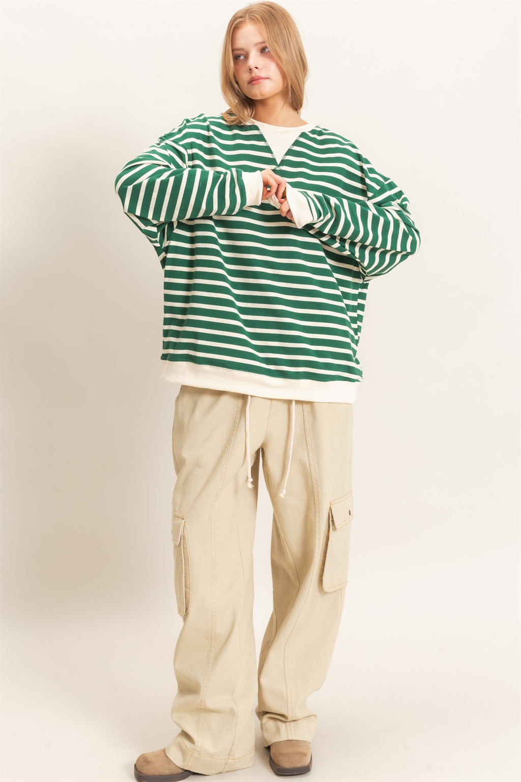 Oversized Wide-Leg Drawstring Denim Cargo Pants/Beige