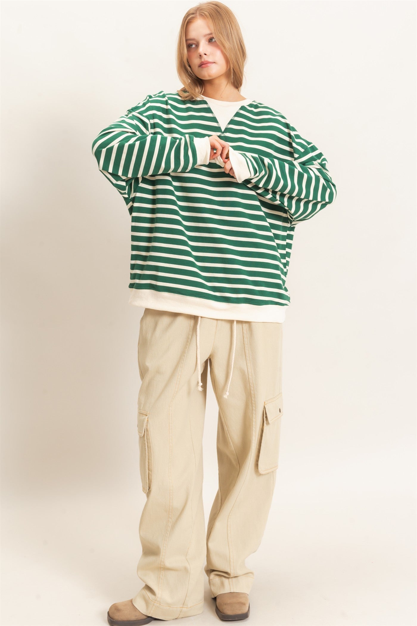 Oversized Wide-Leg Drawstring Denim Cargo Pants/Beige
