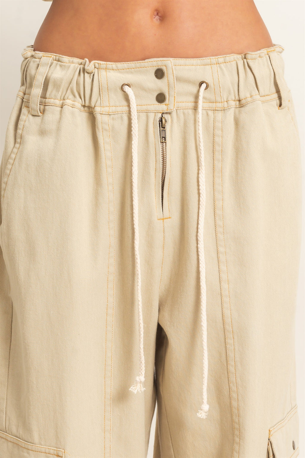 Oversized Wide-Leg Drawstring Denim Cargo Pants/Beige