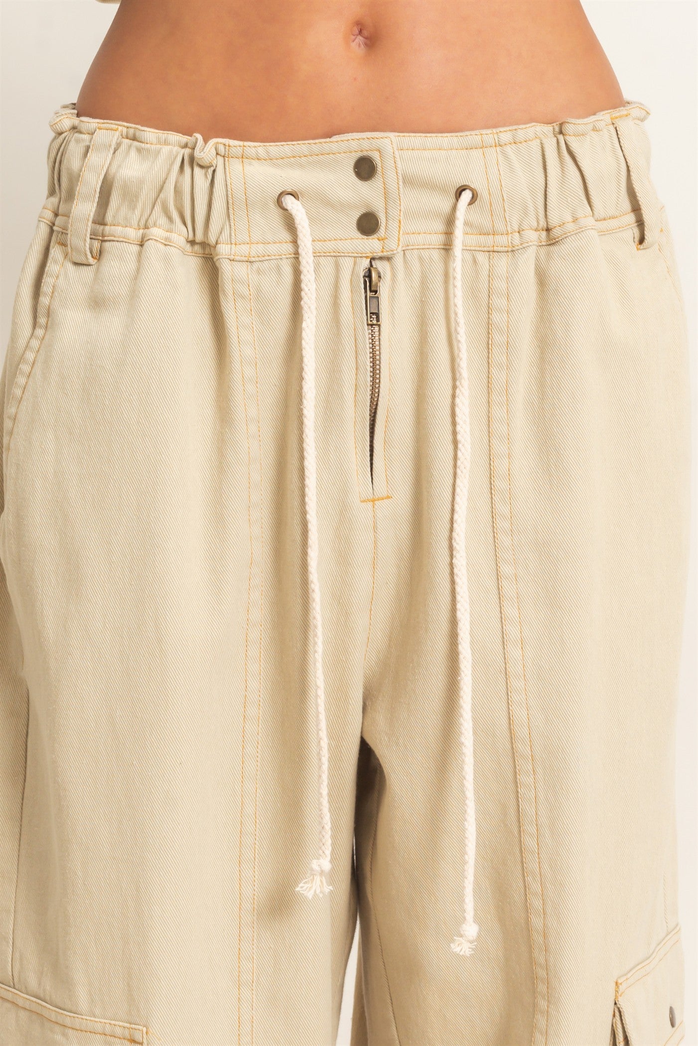 Oversized Wide-Leg Drawstring Denim Cargo Pants/Beige