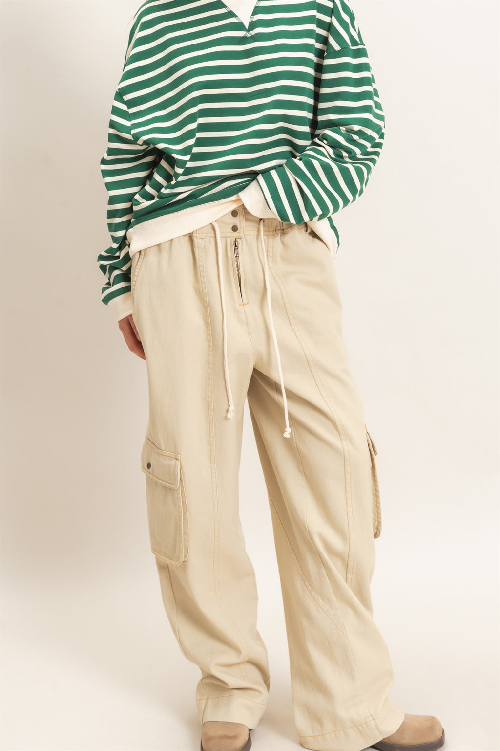 Oversized Wide-Leg Drawstring Denim Cargo Pants/Beige