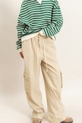 Oversized Wide-Leg Drawstring Denim Cargo Pants/Beige