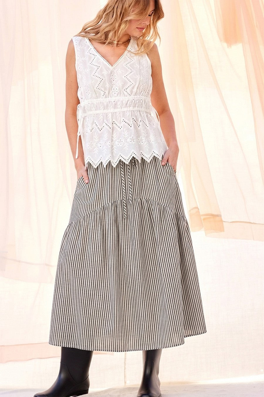 Comfort Elastic-Waist Striped Midi Skirt with Pockets