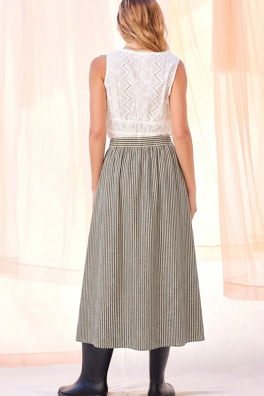 Comfort Elastic-Waist Striped Midi Skirt with Pockets