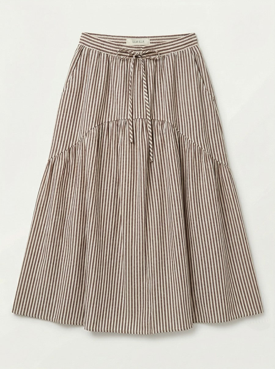 Comfort Elastic-Waist Striped Midi Skirt with Pockets