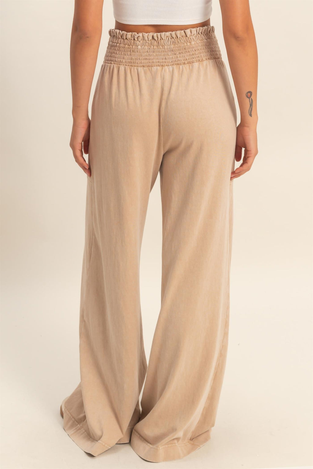 Mineral Washed Smocked High-Waisted Wide-Leg Pants/Dark Taupe