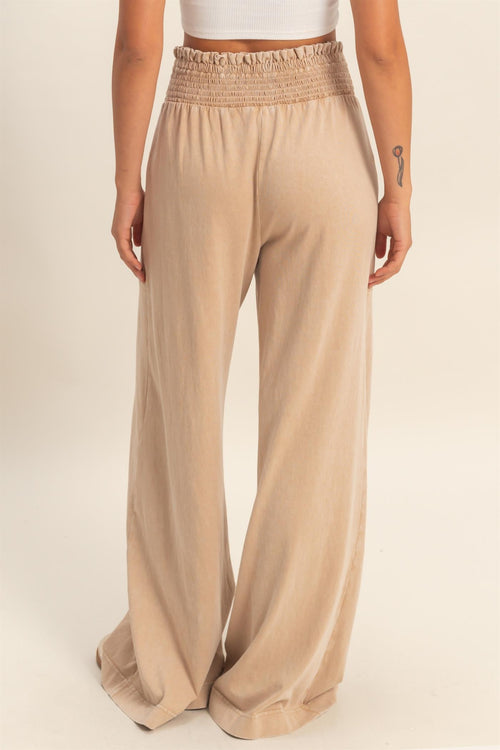 Back to Canvas Mineral Washed Smocked High-Waisted Wide-Leg Pants/Dark Taupe