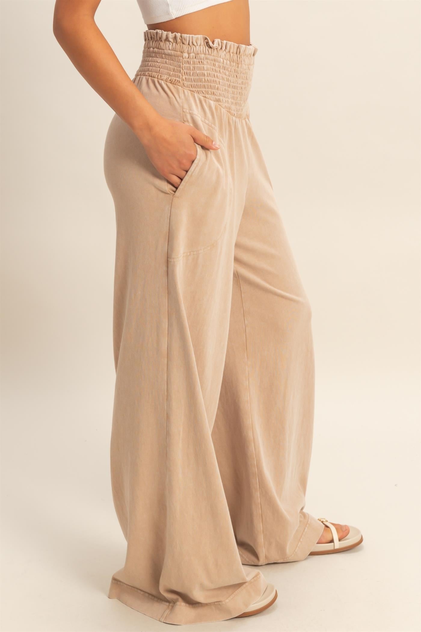 Mineral Washed Smocked High-Waisted Wide-Leg Pants/Dark Taupe