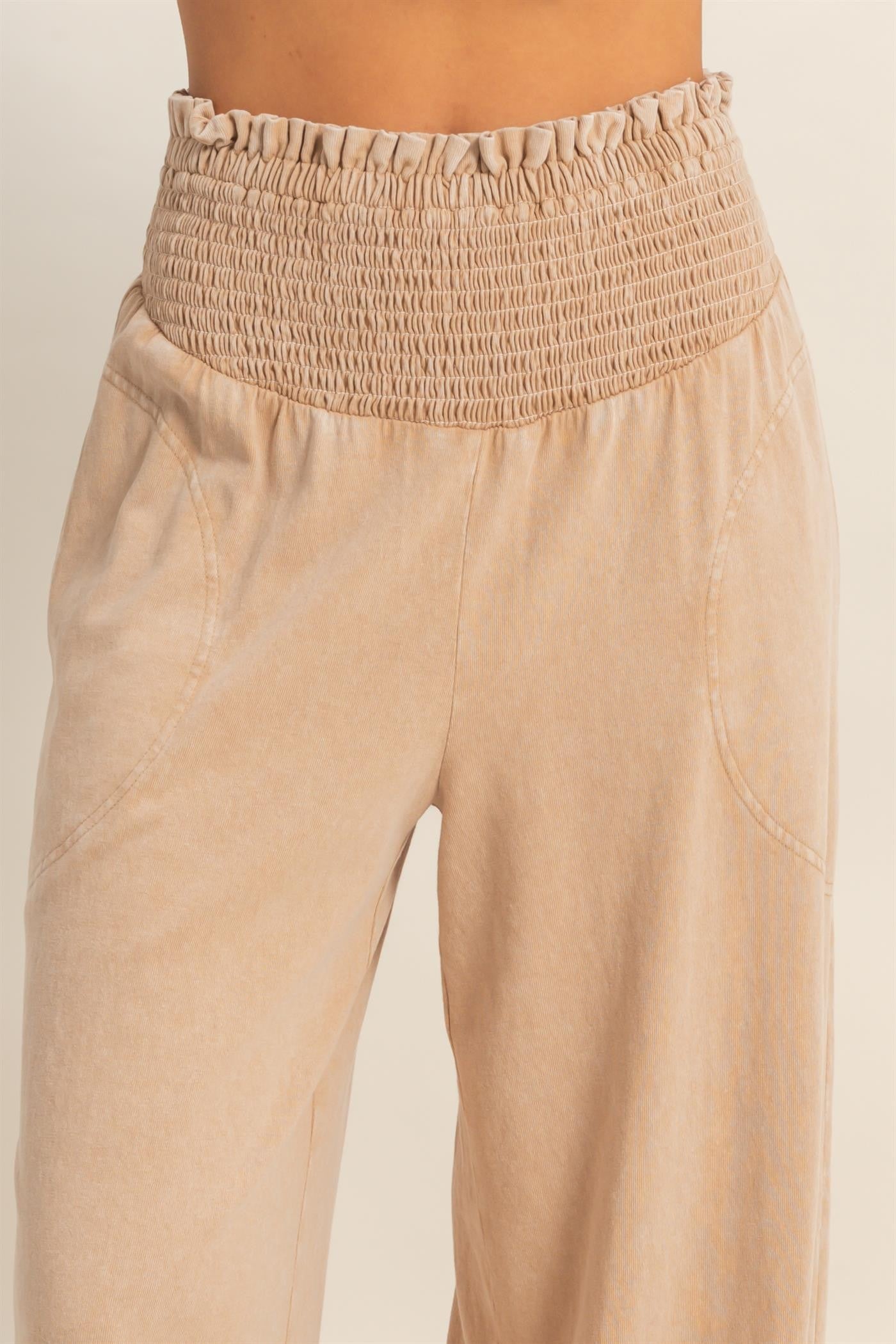 Mineral Washed Smocked High-Waisted Wide-Leg Pants/Dark Taupe