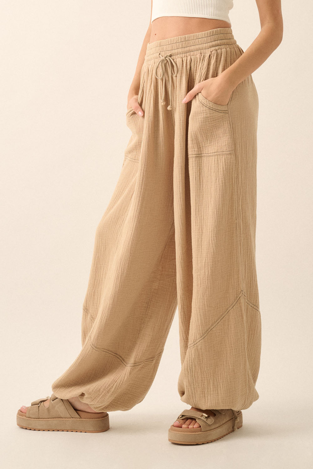 Sand Cotton Gauze Wide-Leg Casual Pants with Pockets