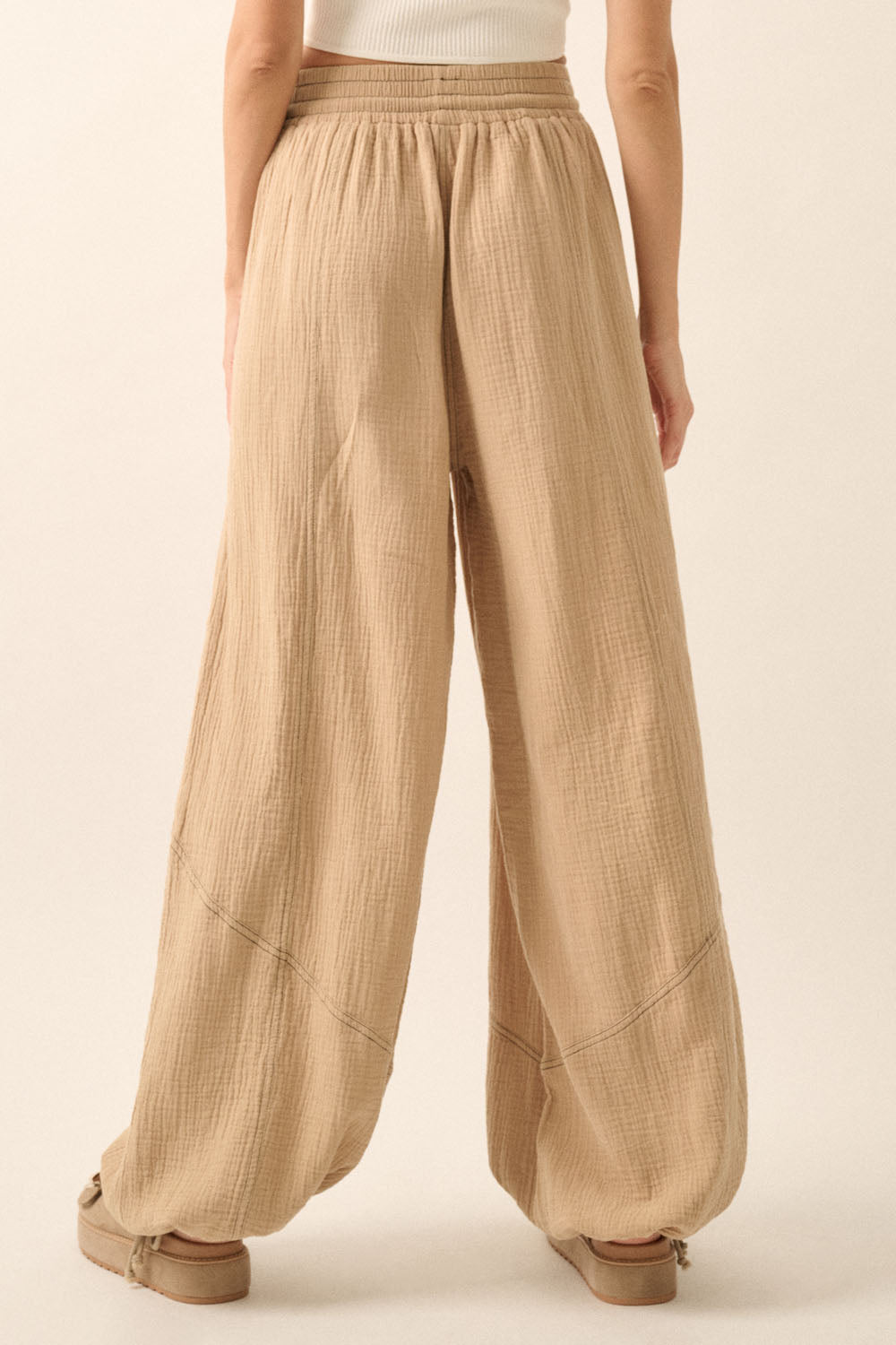 Sand Cotton Gauze Wide-Leg Casual Pants with Pockets