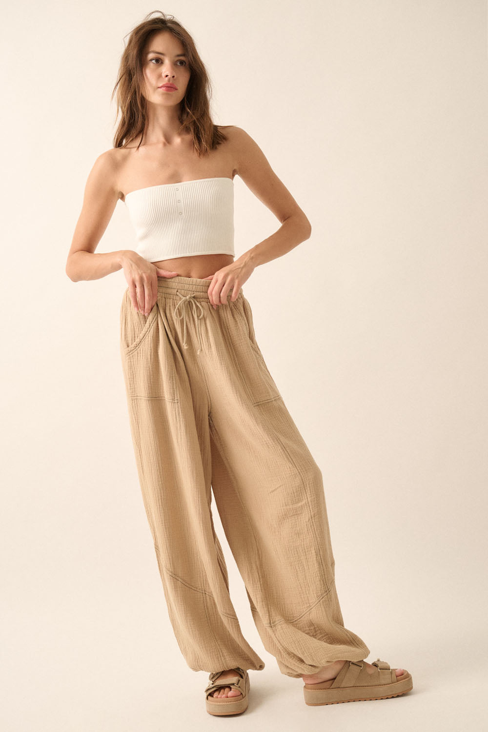 Sand Cotton Gauze Wide-Leg Casual Pants with Pockets
