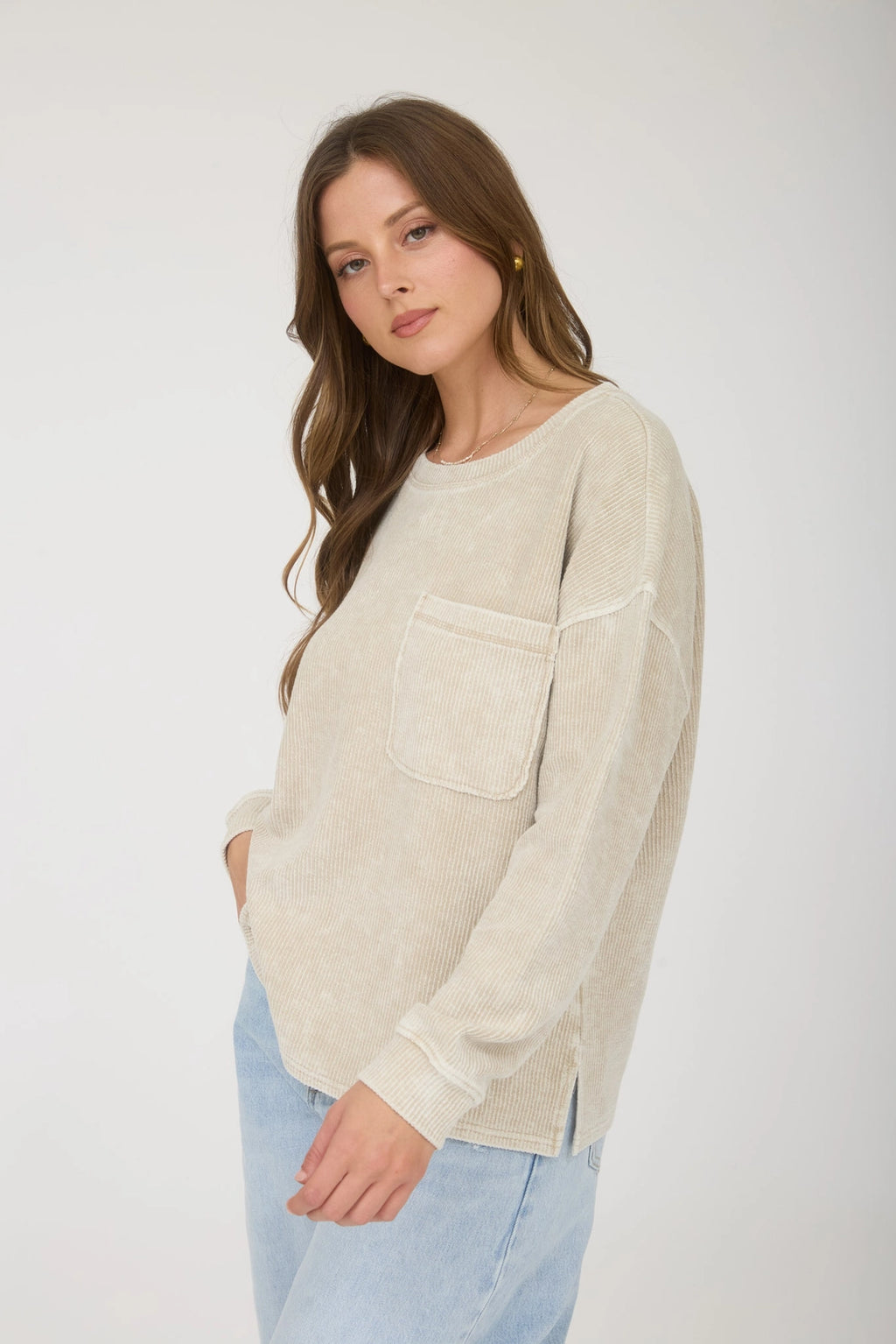Title: Washed Pocket Long-Sleeve Ribbed Knit Top in Khaki