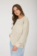 Title: Washed Pocket Long-Sleeve Ribbed Knit Top in Khaki