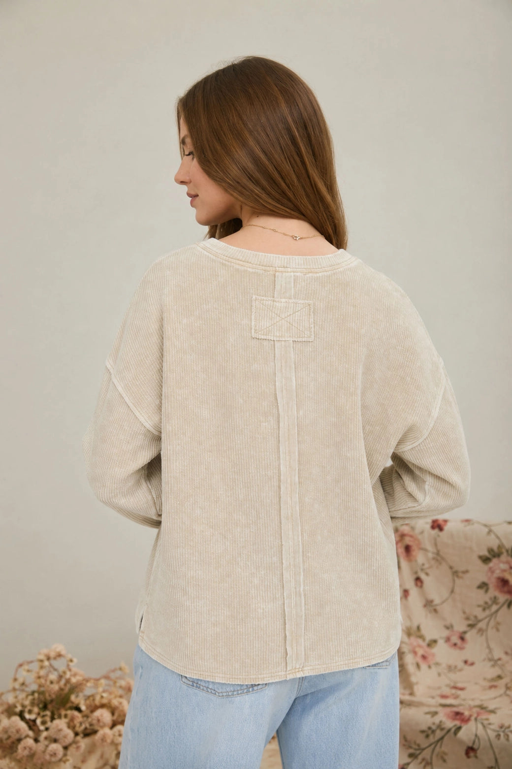 Title: Washed Pocket Long-Sleeve Ribbed Knit Top in Khaki