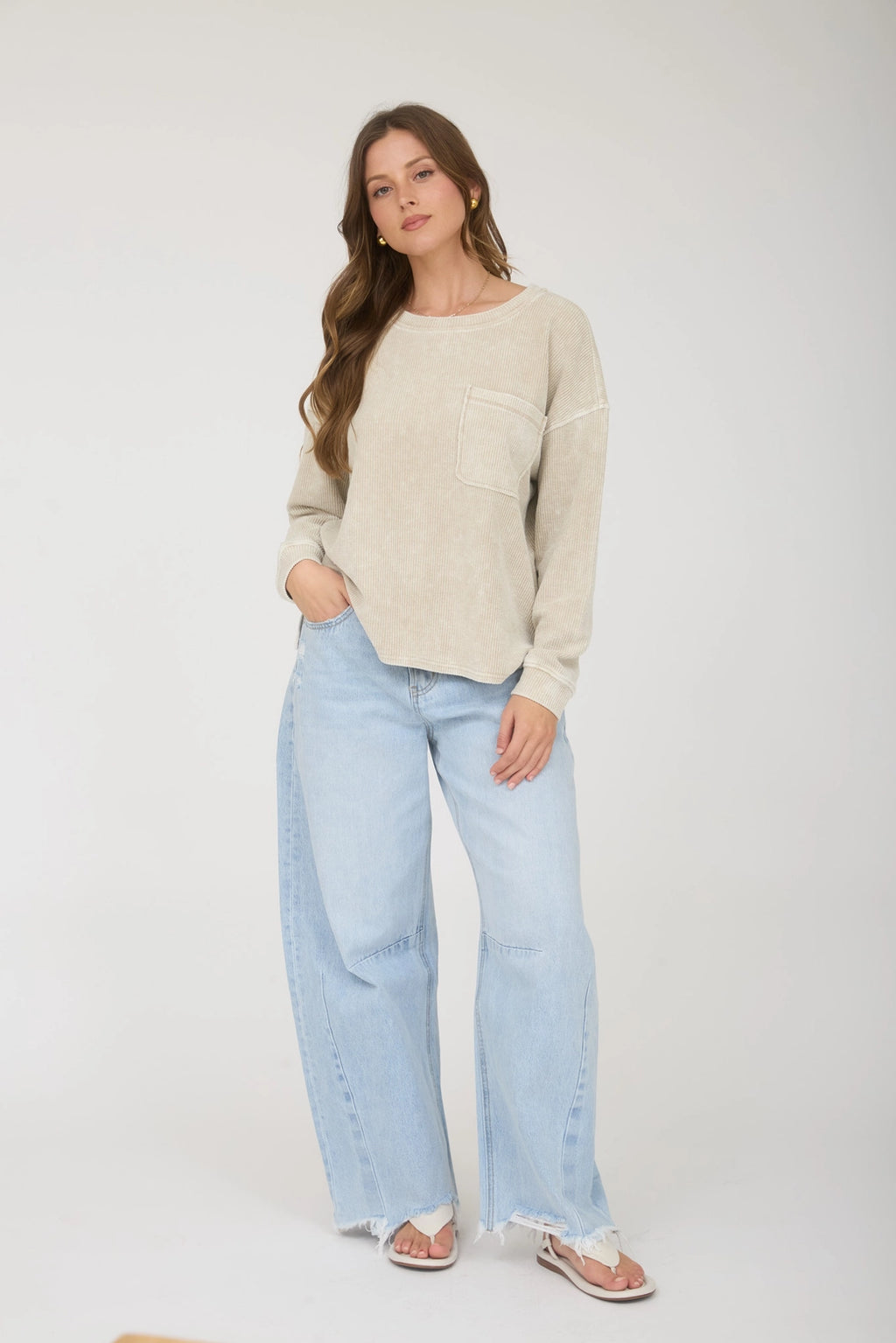 Title: Washed Pocket Long-Sleeve Ribbed Knit Top in Khaki