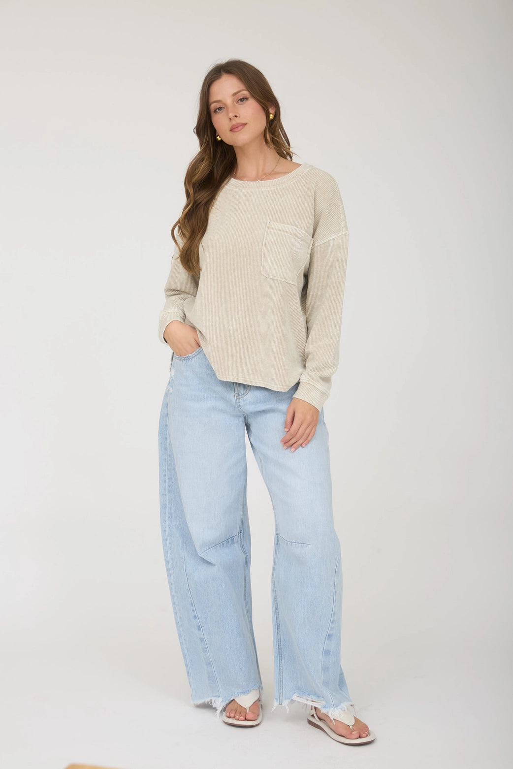 Title: Washed Pocket Long-Sleeve Ribbed Knit Top in Khaki