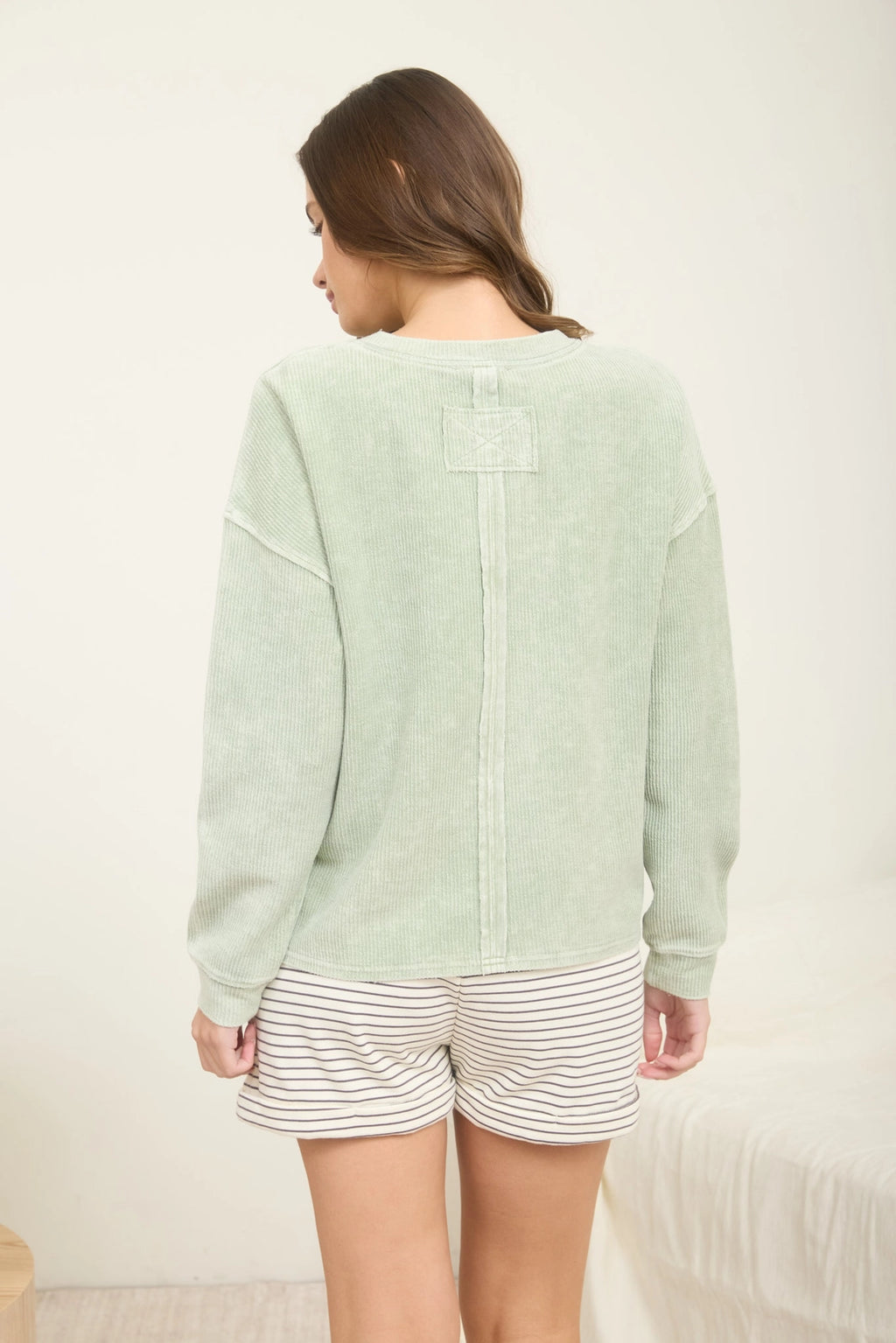 Washed Pocket Long-Sleeve Ribbed Knit Top in Light Olive