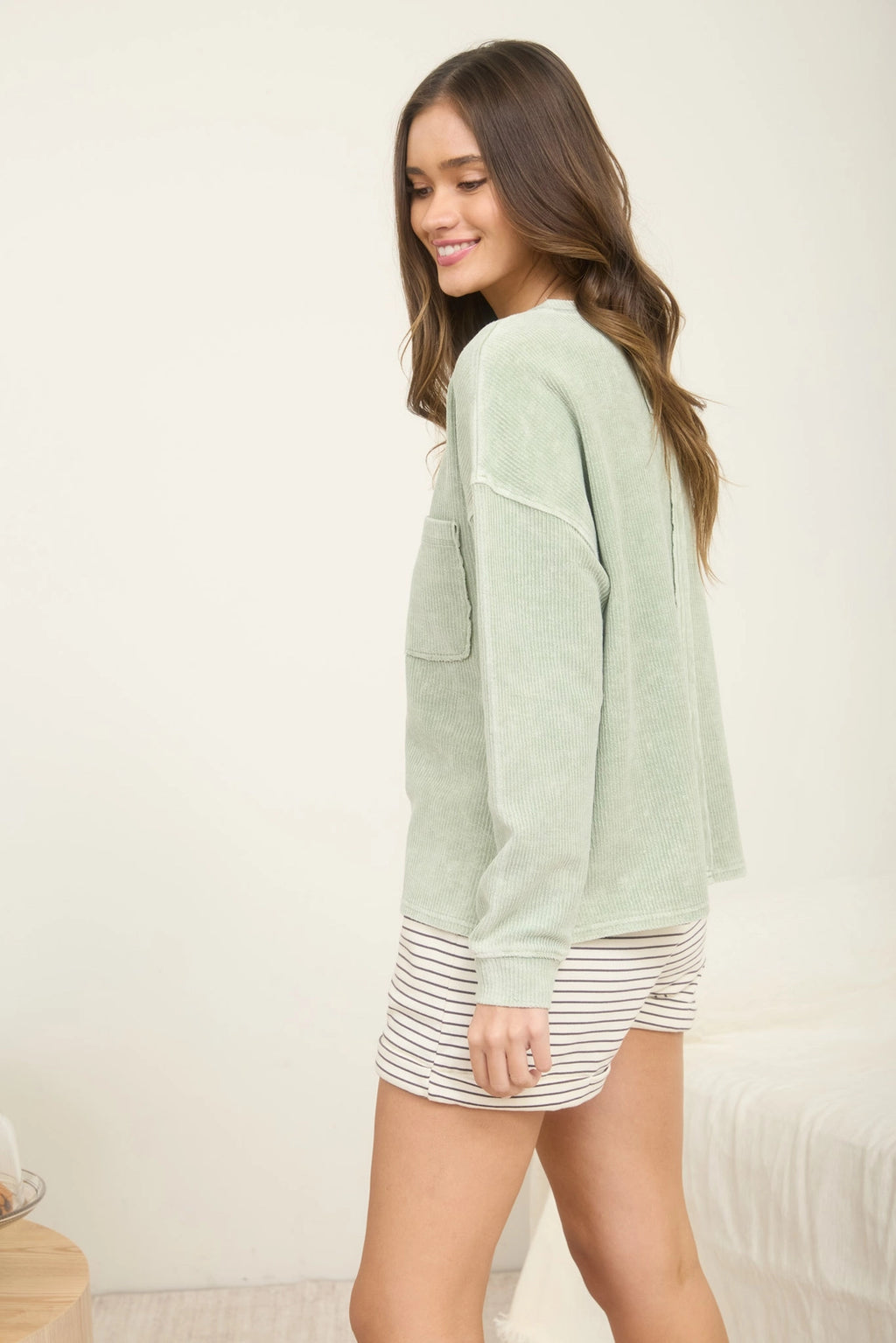 Washed Pocket Long-Sleeve Ribbed Knit Top in Light Olive