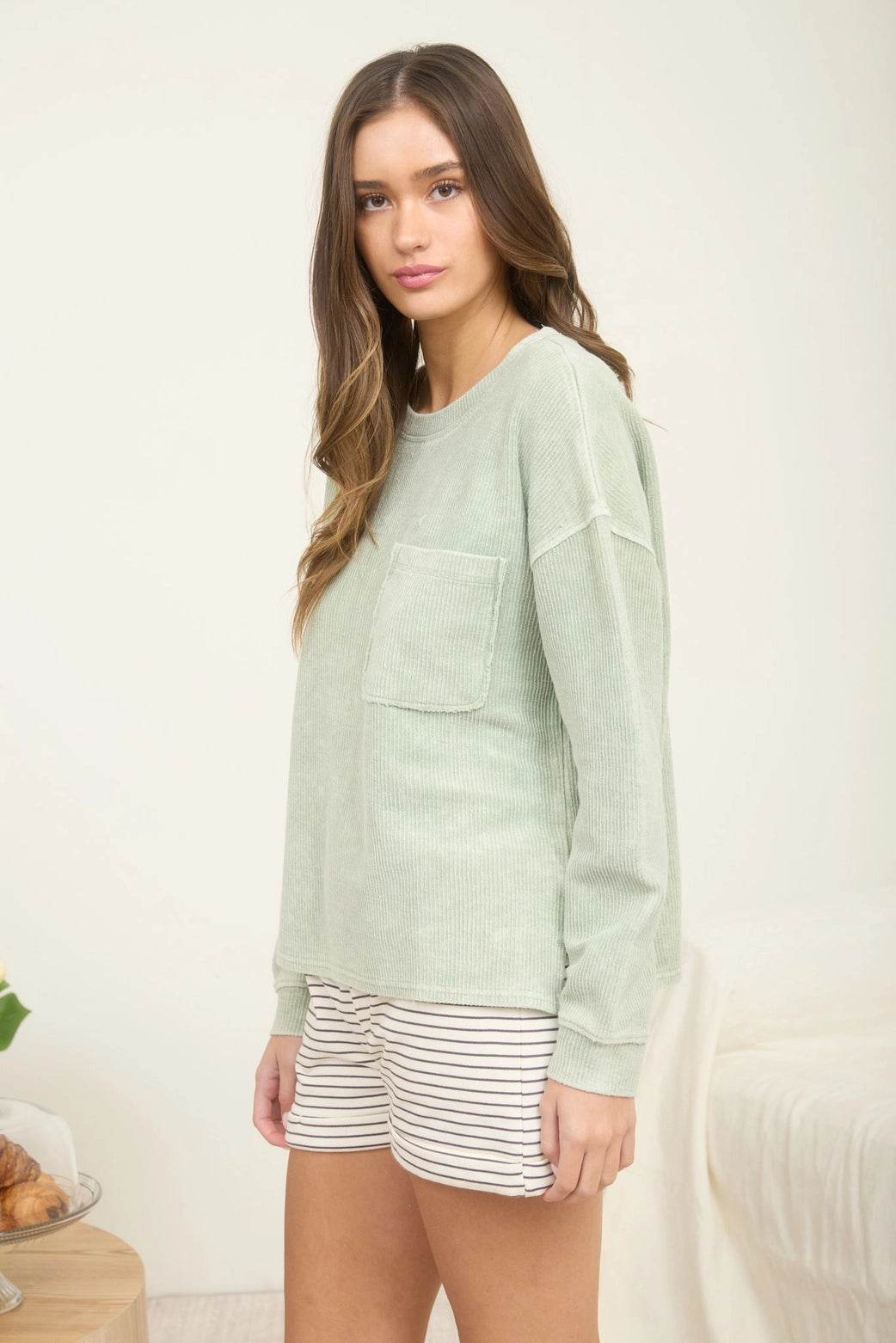 Washed Pocket Long-Sleeve Ribbed Knit Top in Light Olive