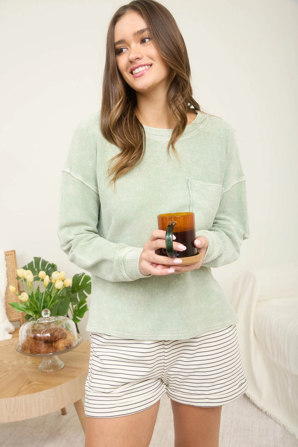 Washed Pocket Long-Sleeve Ribbed Knit Top in Light Olive