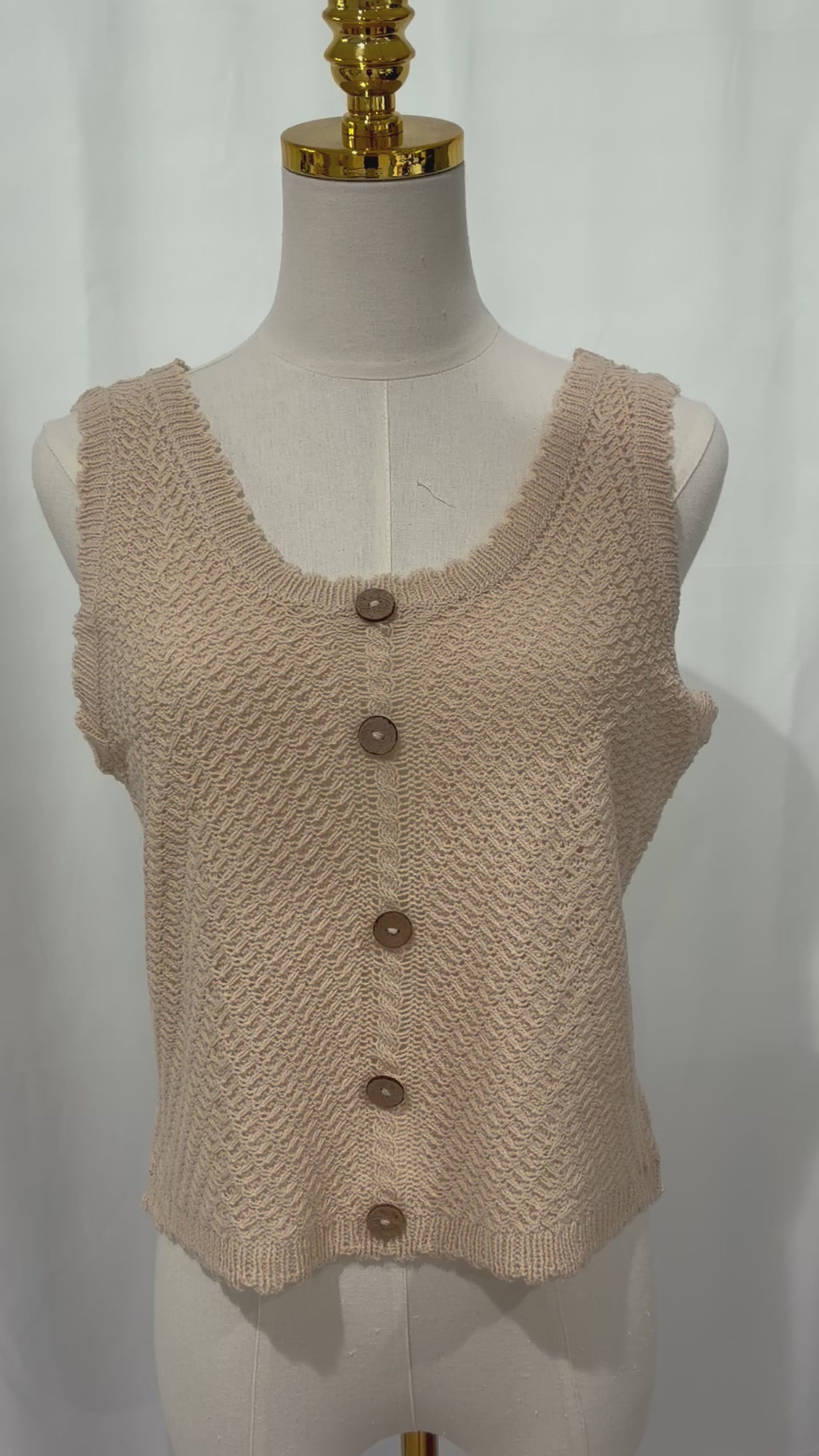 Scalloped Trim Crochet Knit Buttoned Halter Vest Top/ Nutural Color