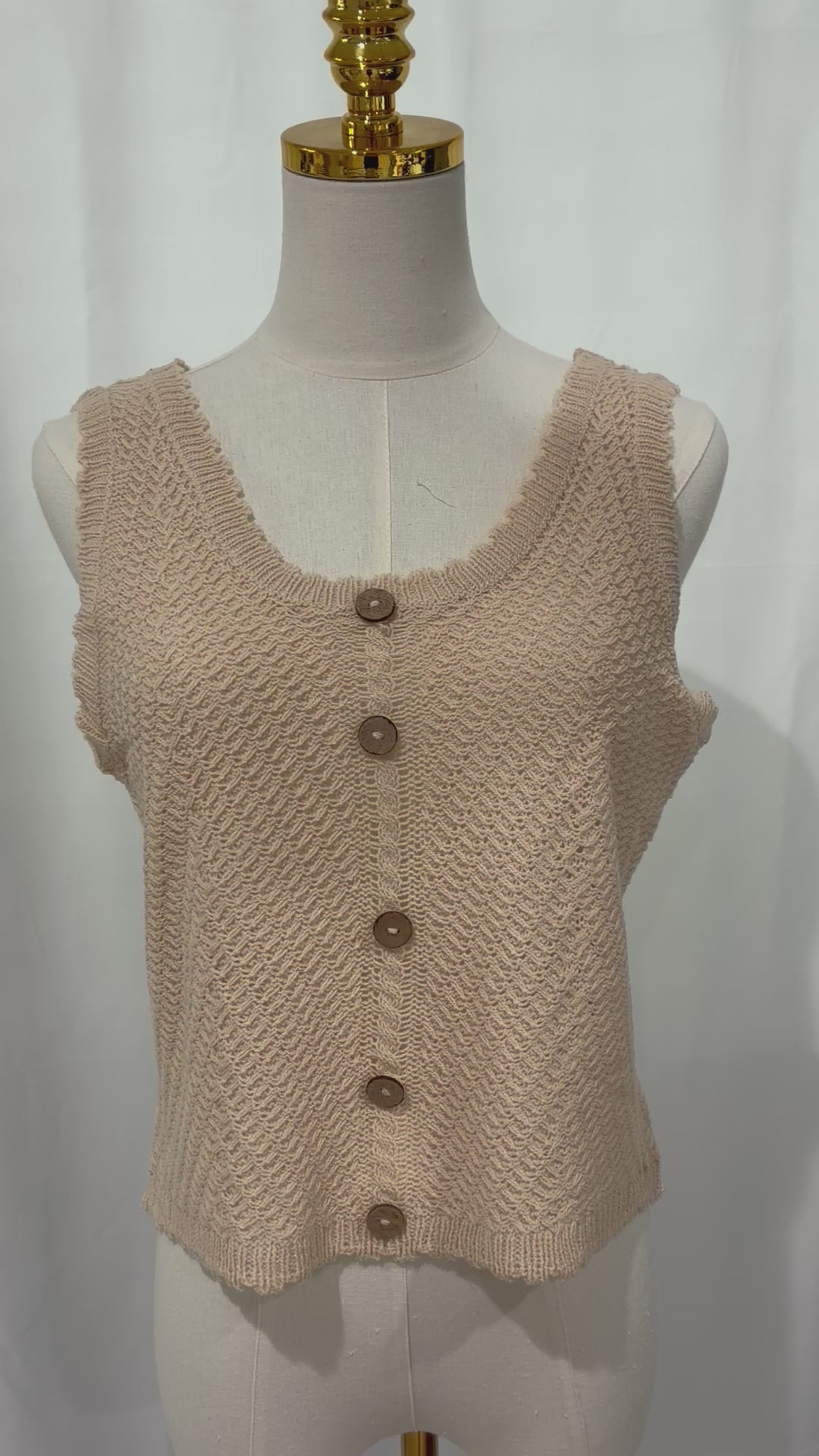 Scalloped Trim Crochet Knit Buttoned Halter Vest Top/ Nutural Color