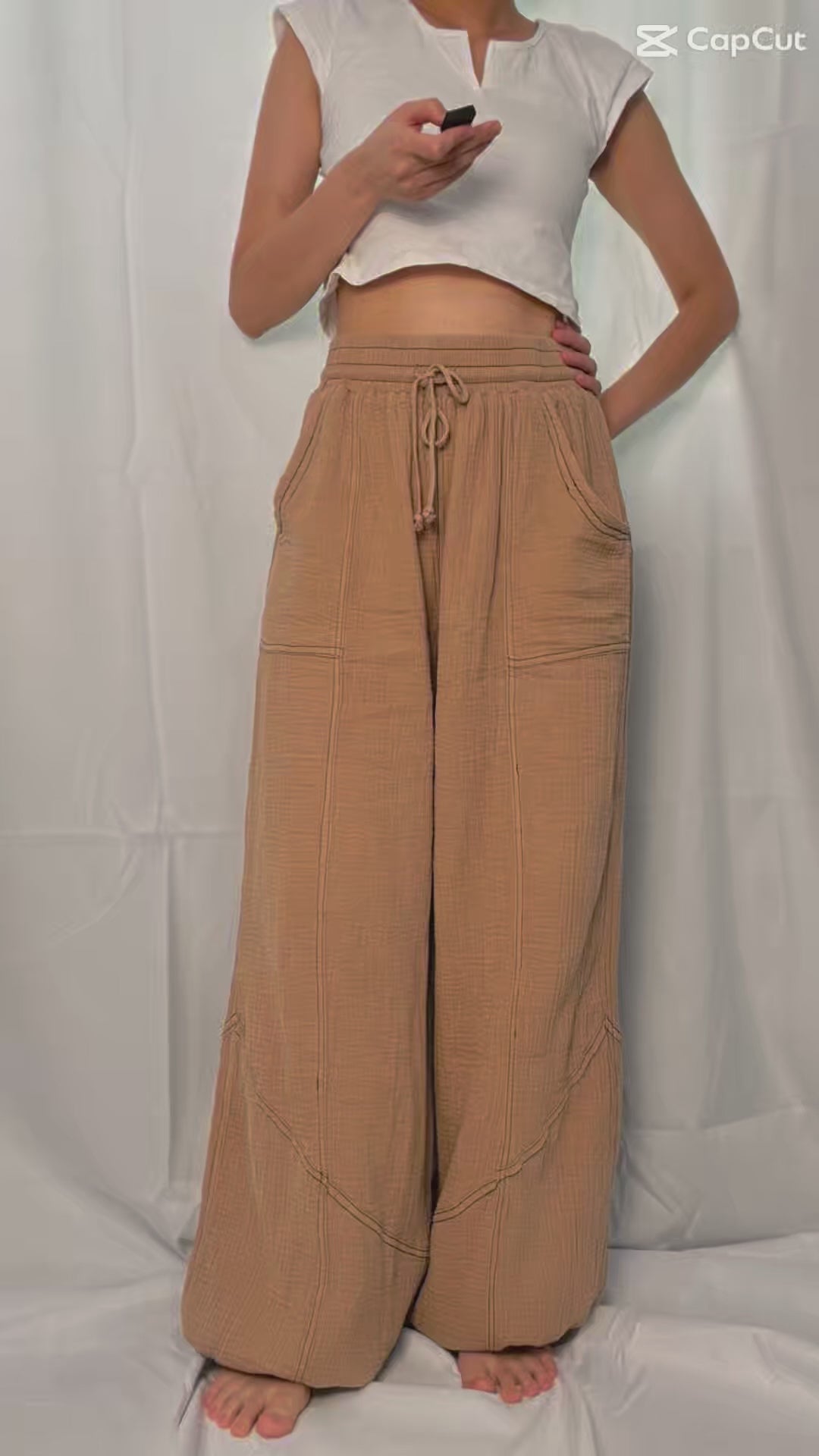 Sand Cotton Gauze Wide-Leg Casual Pants with Pockets