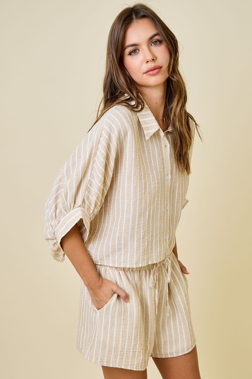 Linen-Look Striped Dolman Sleeve Shirt and Shorts Set