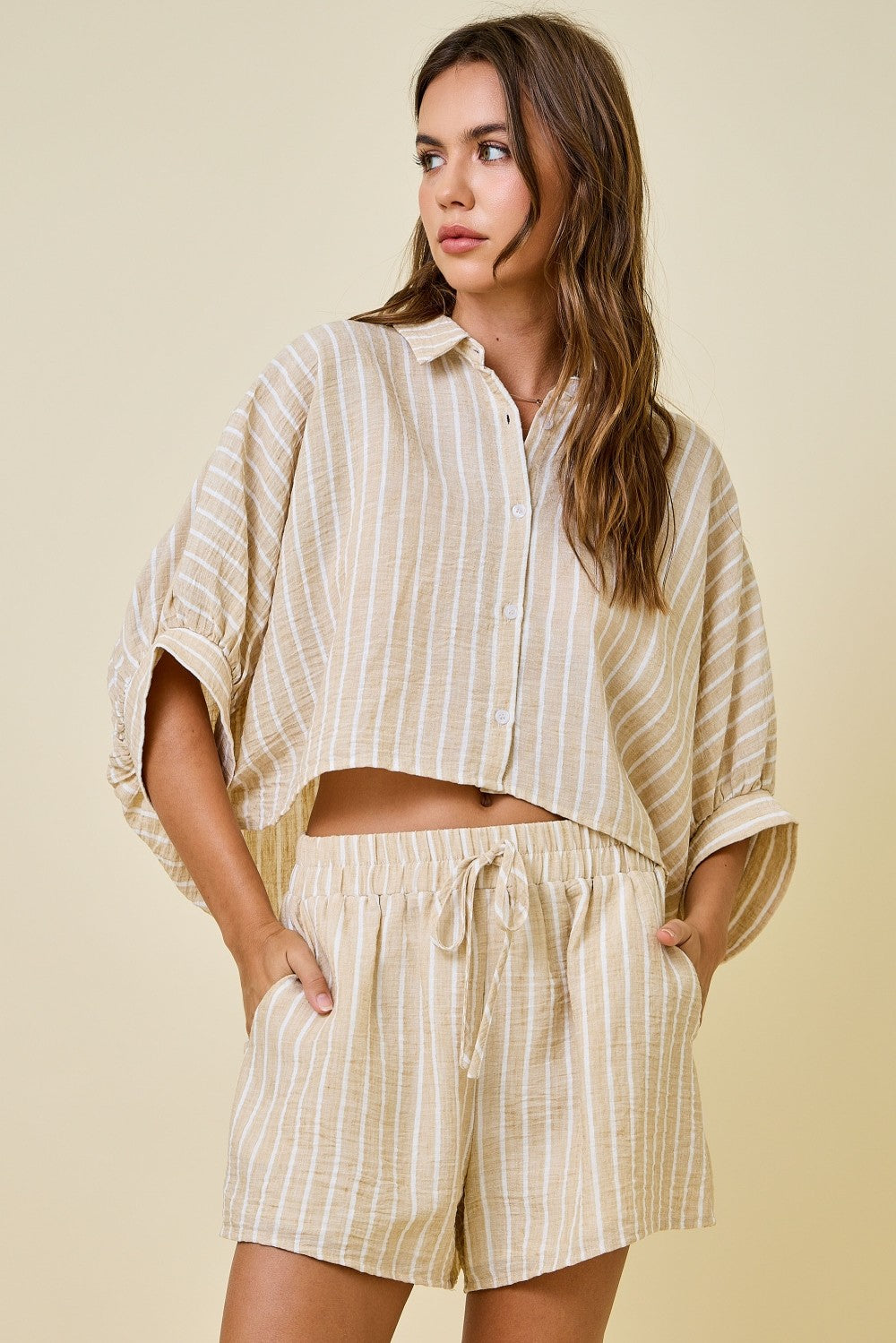 Linen-Look Striped Dolman Sleeve Shirt and Shorts Set